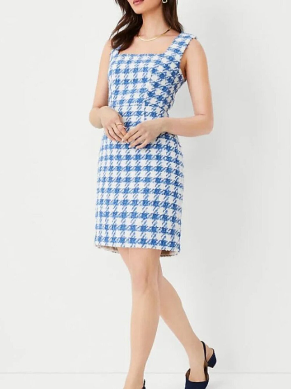 Ann Taylor NWT Square Neck Tweed Sheath Dress Blue Houndstooth Boucle Womens 6